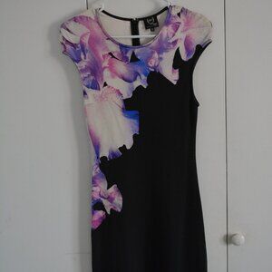 McQ Alexander McQueen, black with purple flower print mini dress, size S Small